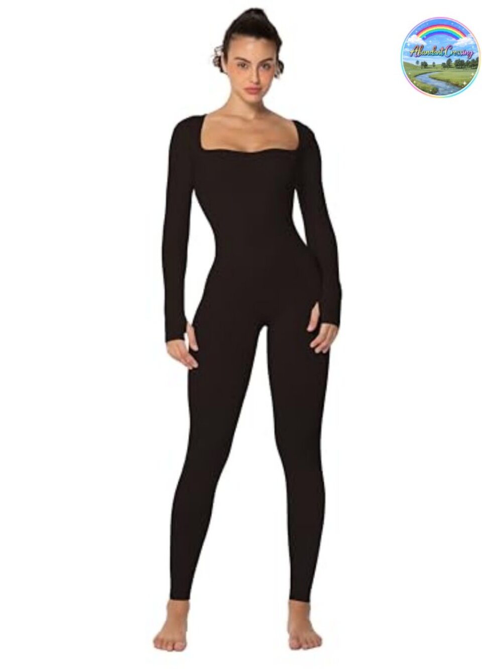 Women's Ribbed Jumpsuit Square Neck Scrunch Butt Long Sleeve Romper